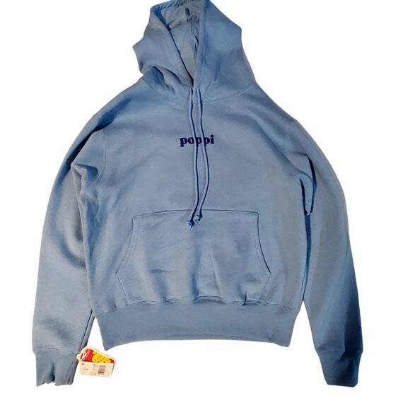Poppi Light Blue Hooded Sweatshirt Womens Size L Cotton Blend Kangaroo Pocket - Picture 1 of 8